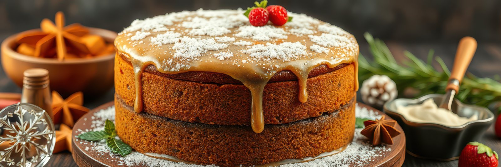 Deliciously crafted holiday cake adorned with frosting and fresh berries on a rustic wooden table